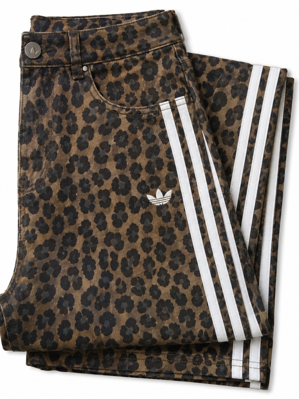 adidas Wide Leg Leopard Print Jeans with White Stripes - Picture 2 of 11